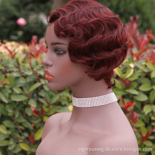 Vigorous Short Curly Cute Nuna Wigs Pixie Wigs for Women Finger Wave Human Hair Wig Wine Red